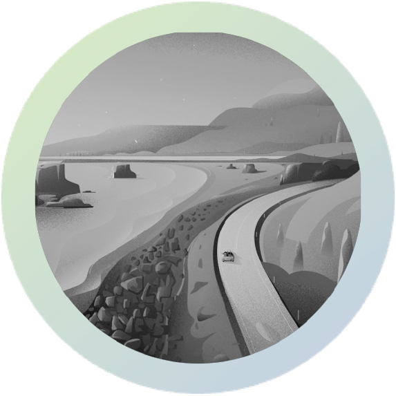 A small black and white image of a road in a circle with small green gradient border, representing the journey to technology.