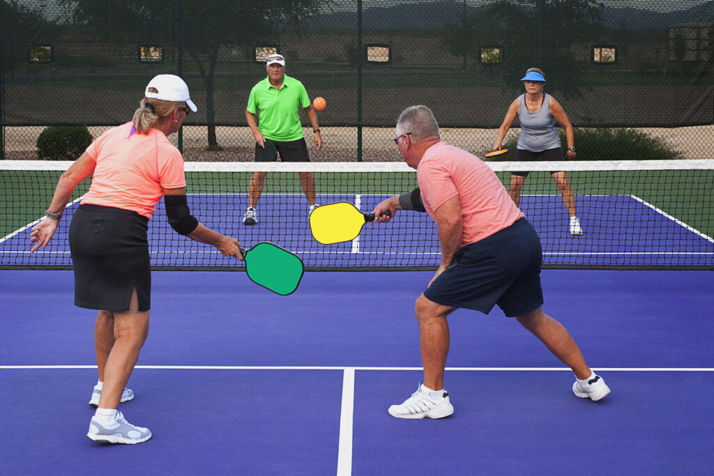 Colorful image of two teams playing Pickleball in a mixed doubles format